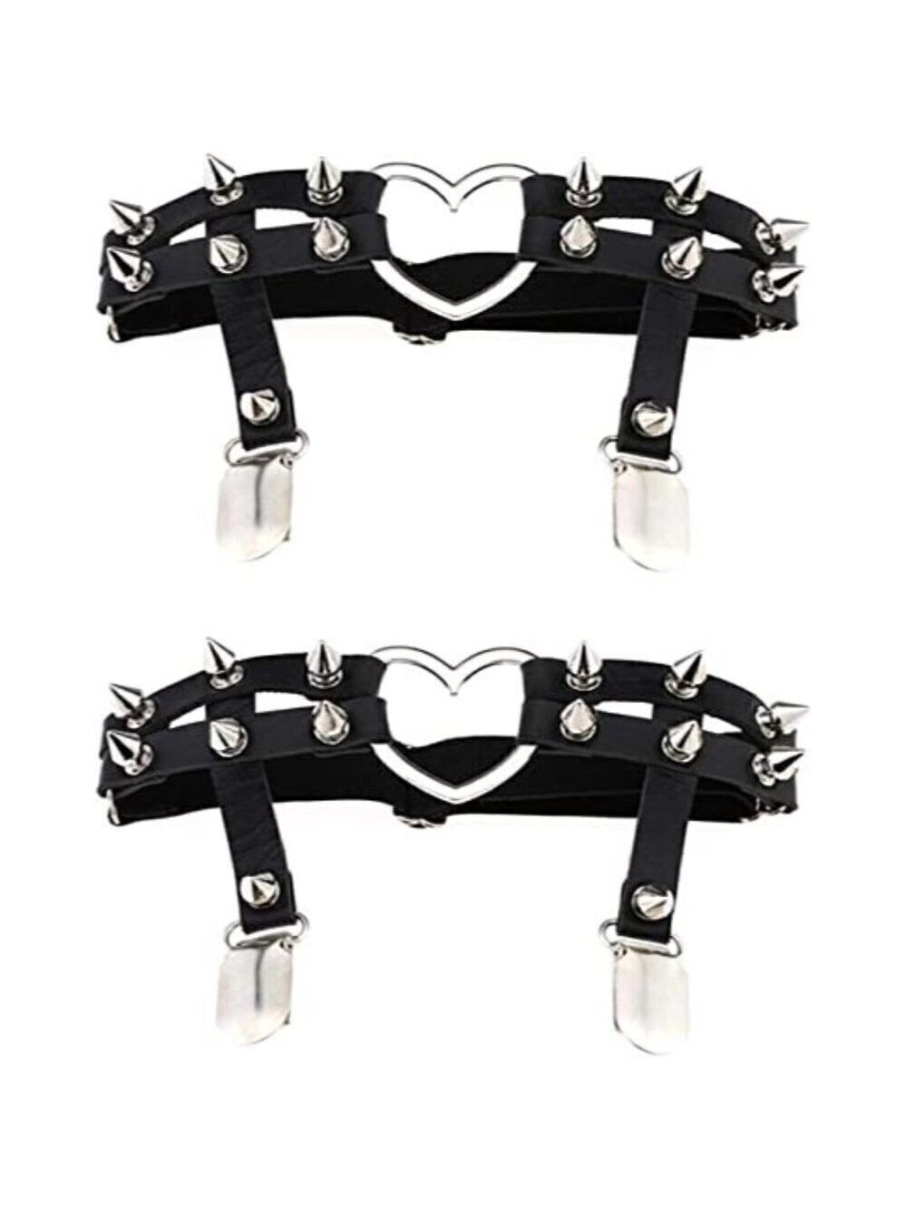 𝅺GOTHIC Black Heart Studded Garters Leather Leg Ring Elastic Punk Adjustable NWT
